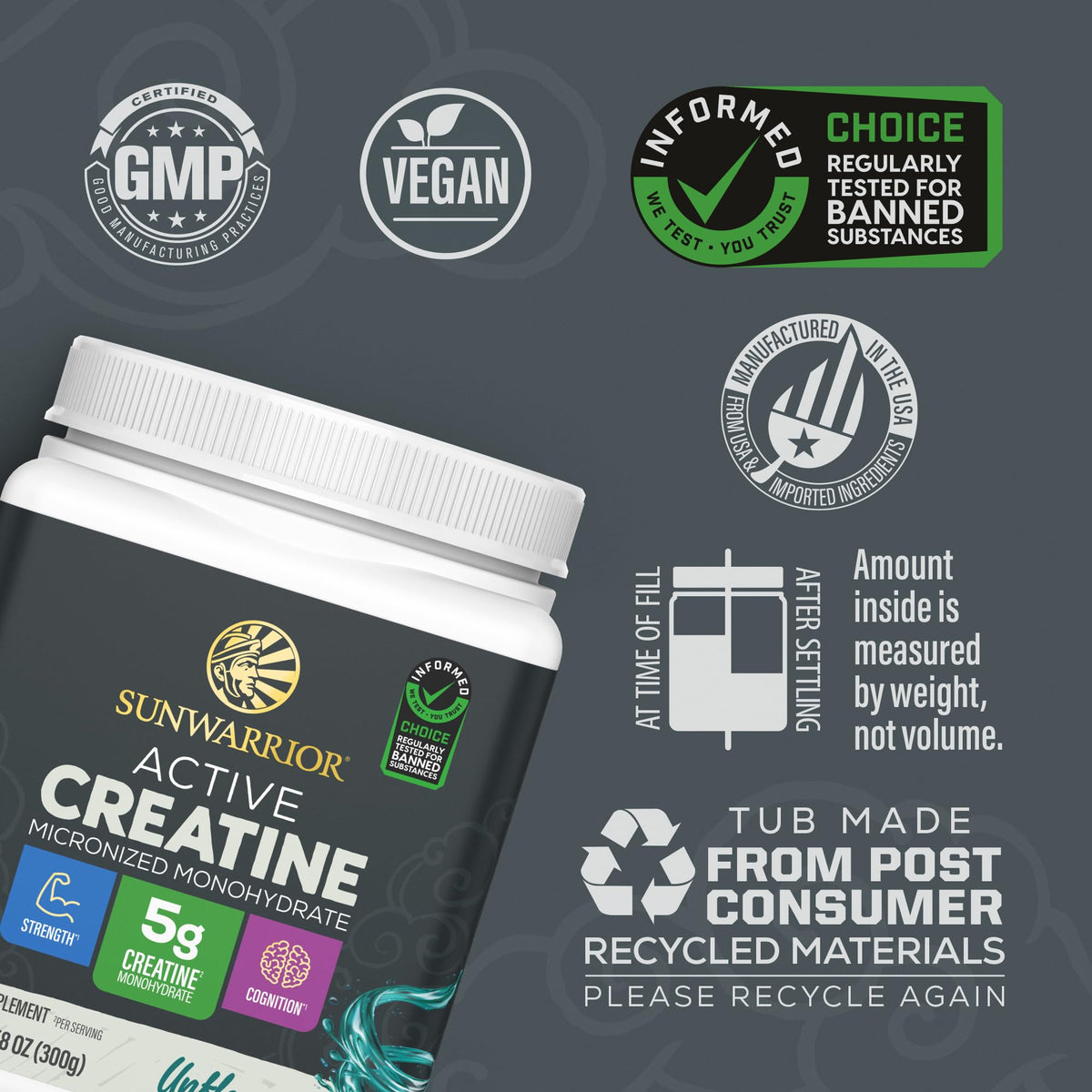 Emballage créatine monohydrate Sunwarrior avec informations nutritionnelles