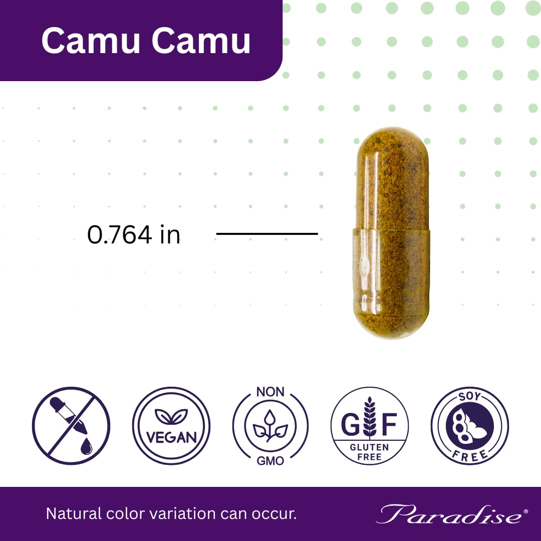 Emballage d'extrait de Camu Camu Paradise Herbs avec fruits en arrière-plan