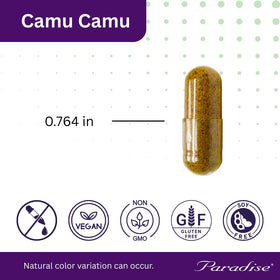 Emballage d'extrait de Camu Camu Paradise Herbs avec fruits en arrière-plan