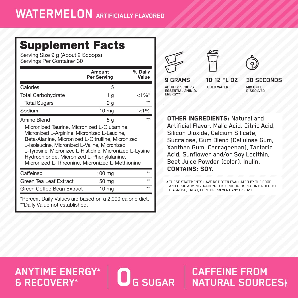 Emballage d'Optimum Nutrition Amino Energy avec information nutritionnelle