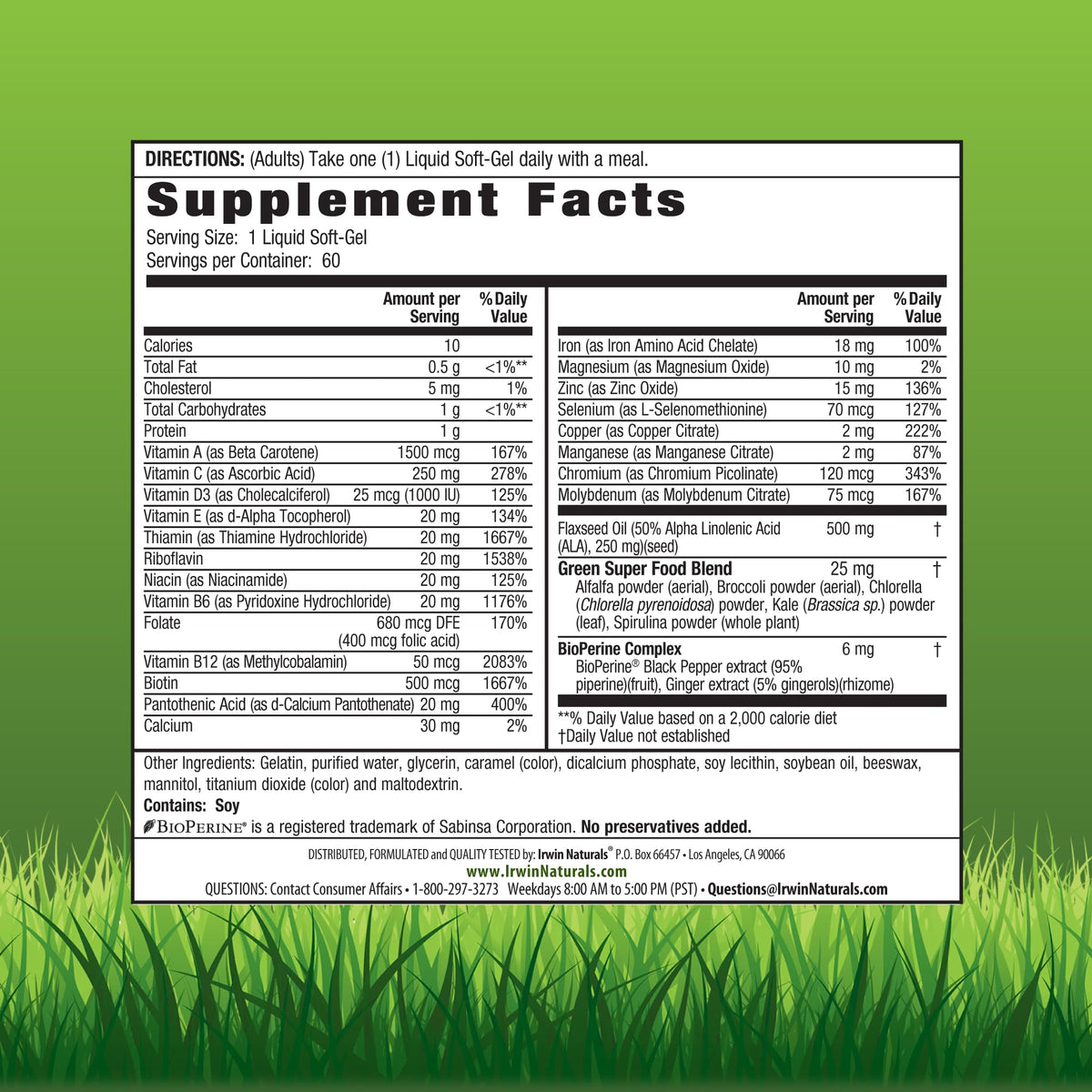 Emballage de 60 gélules liquides Irwin Naturals Multivitamine