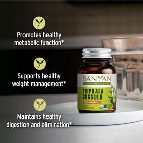 Emballage de Banyan Botanicals Triphala Guggulu avec étiquette