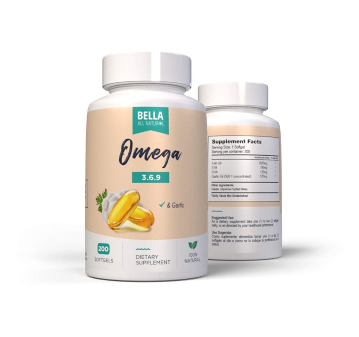Emballage de Bella All Natural Omega 3 6 9 avec huile d'ail