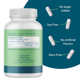 Emballage de BESTVITE Biotine 5000 mcg avec étiquettes claires