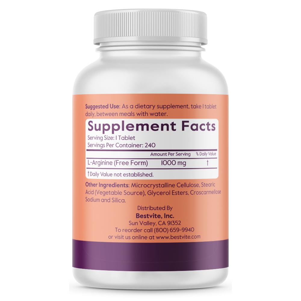 Emballage de BESTVITE L-Arginine 1000mg avec informations nutritionnelles