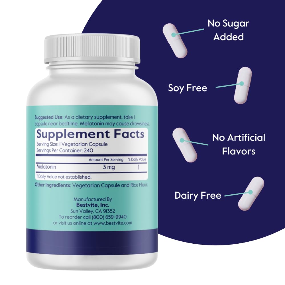 Emballage de BESTVITE Melatonin 3mg, détails des ingrédients