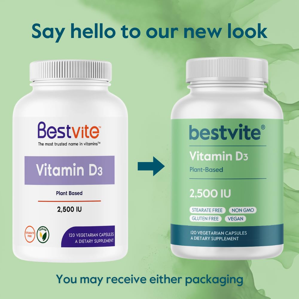 Emballage de BESTVITE Vegan D3 2500 IU 120 capsules végétales