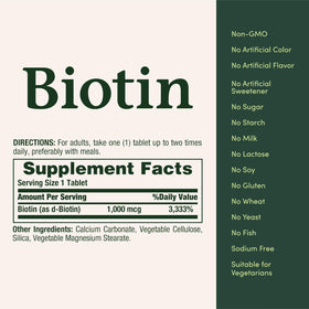 Emballage de Biotine Nature's Bounty avec étiquette de 1000 mcg