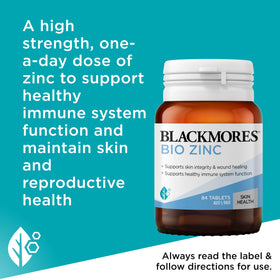 Emballage de Blackmores Bio Zinc avec informations nutritionnelles