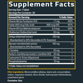 Emballage de Bronson Ginkgo Bacopa Acétyl L-Carnitine avec des vitamines clés