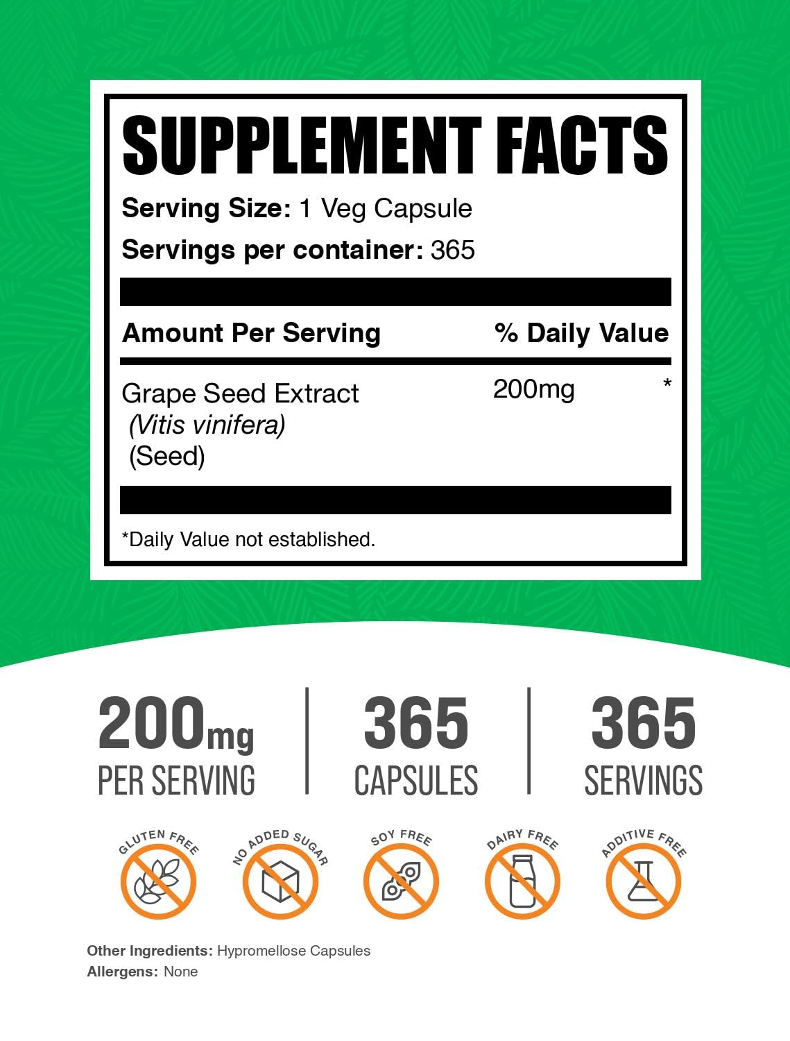 Emballage de BulkSupplements Extrait de Pépin de Raisin 200mg, côté
