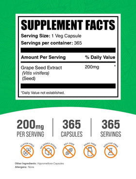 Emballage de BulkSupplements Extrait de Pépin de Raisin 200mg, côté