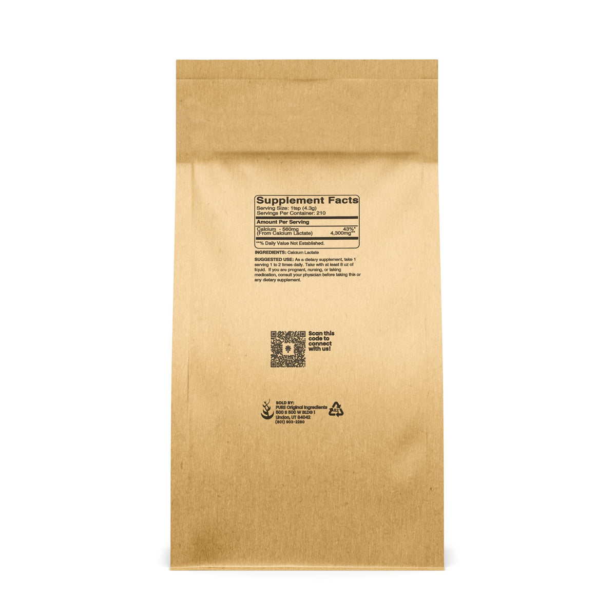 Emballage de Calcium Lactate PURE ORIGINAL INGREDIENTS 930g