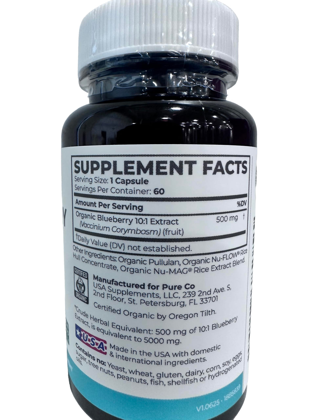 Emballage de capsules d'extrait de myrtille bio PURE CO sur fond neutre