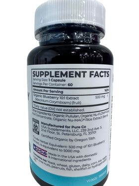 Emballage de capsules d'extrait de myrtille bio PURE CO sur fond neutre