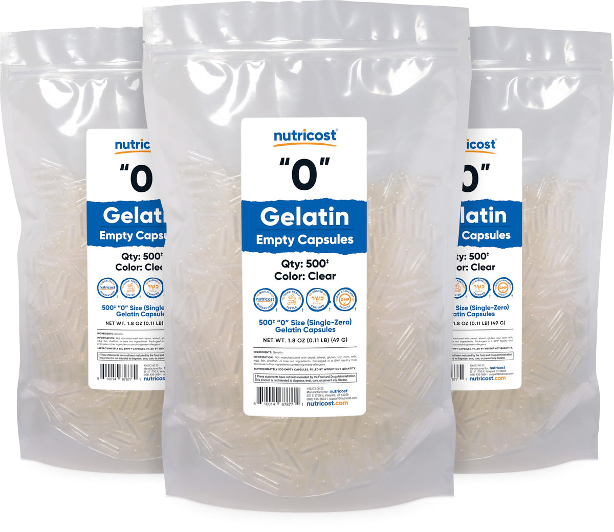 Emballage de capsules vides Nutricost, dimensions et poids