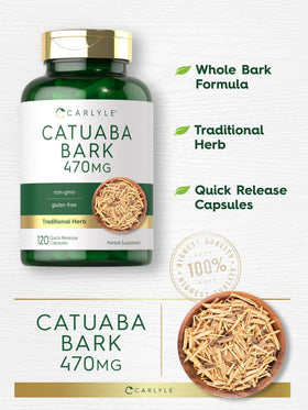 Emballage de Carlyle Écorce de Catuaba 470mg, avec informations nutritionnelles