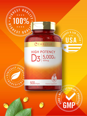 Emballage de Carlyle Vitamine D3 5000 UI 500 gélules