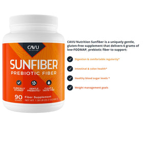 Emballage de CAVU NUTRITION Sunfiber avec dimensions et informations