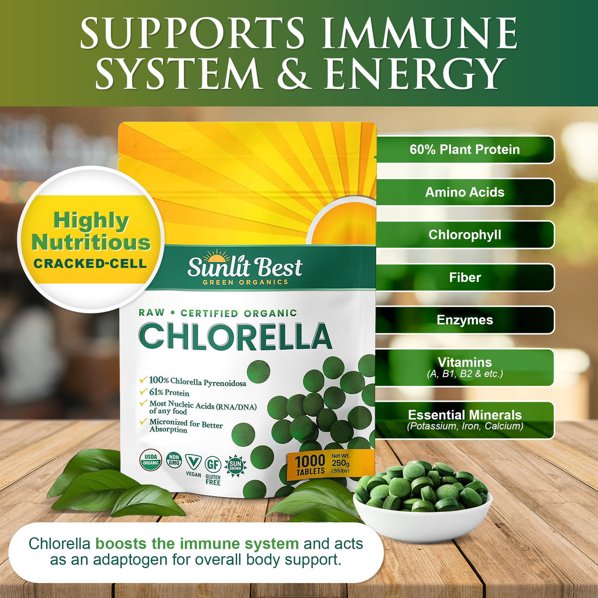 Emballage de Chlorella Sunlit Best 1000 Tablettes