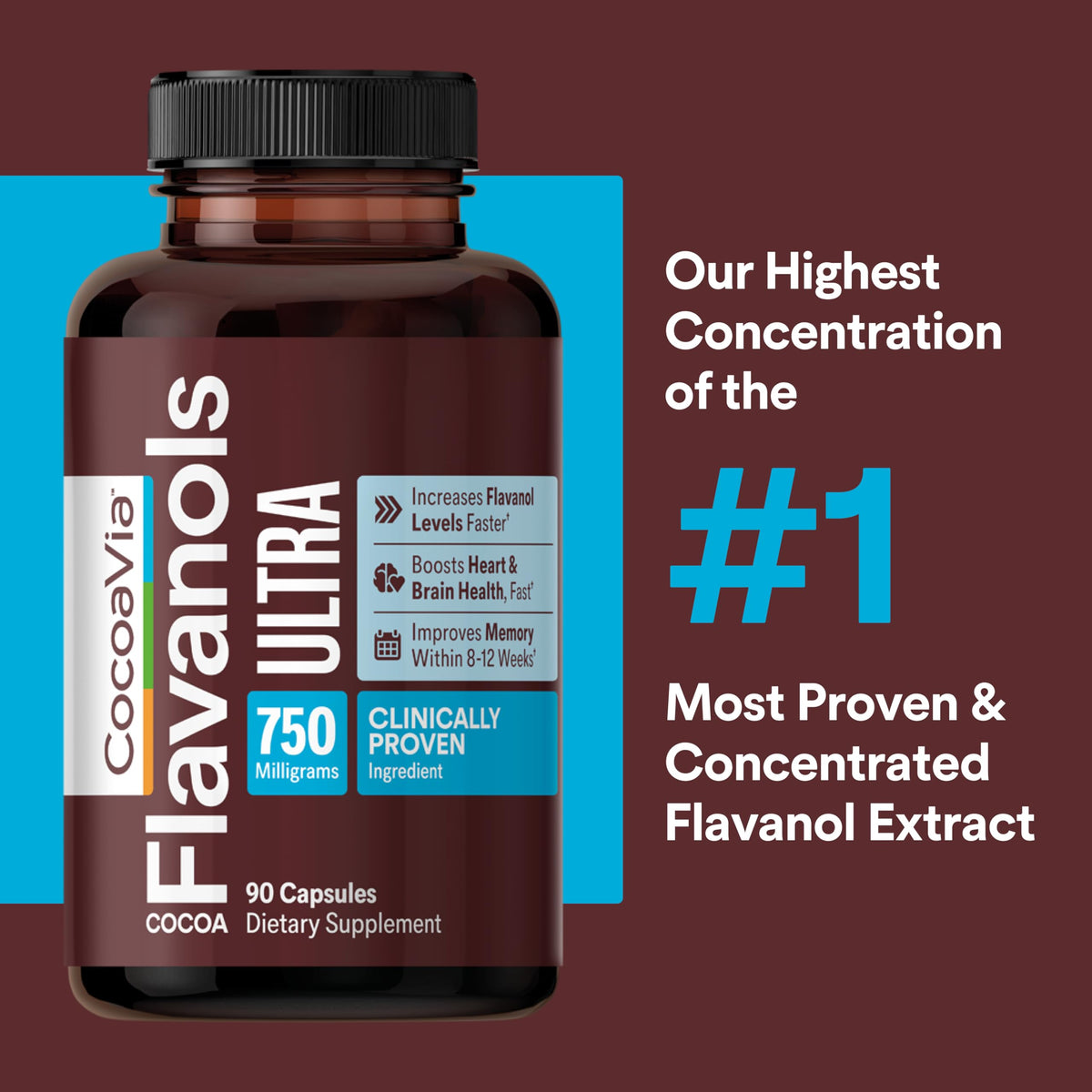 Emballage de CocoaVia Flavanols 750mg avec informations nutritionnelles