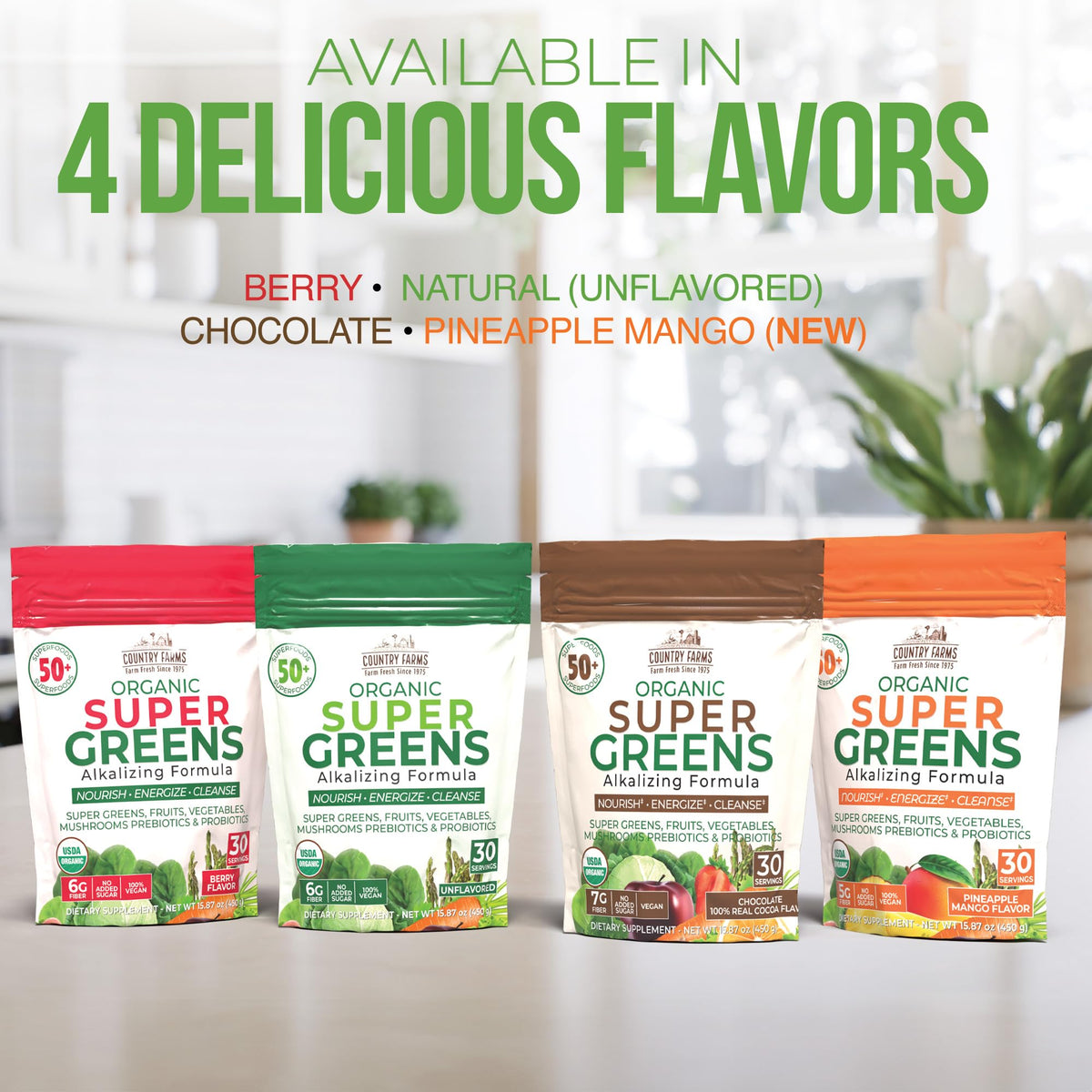 Emballage de Country Farms Super Greens Ananas-Mangue