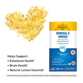 Emballage de Country Life Huile de Poisson Omega 3 Mood 180 gélules