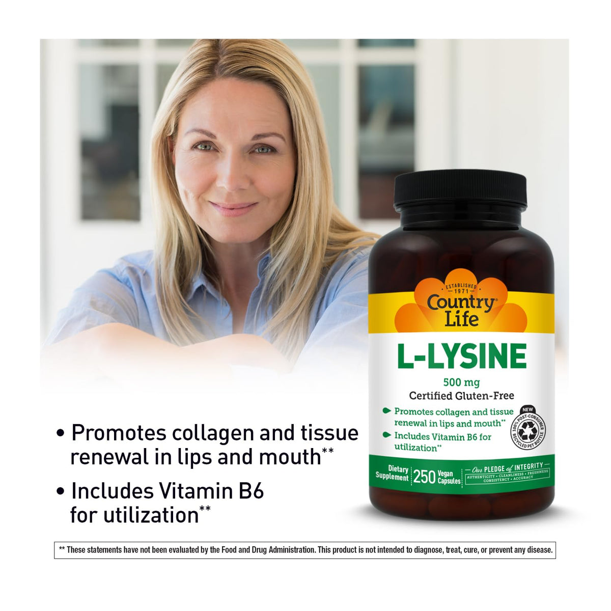 Emballage de Country Life L-Lysine 500mg 250 capsules vegan