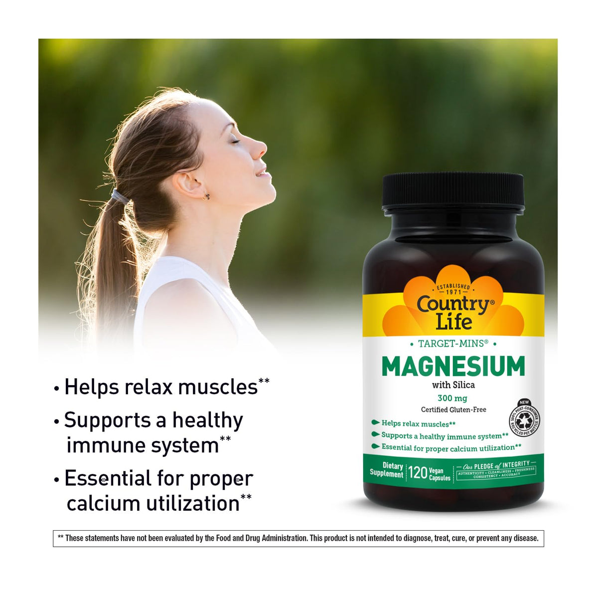 Emballage de Country Life Magnésium avec Silice 300 mg 120 Capsules