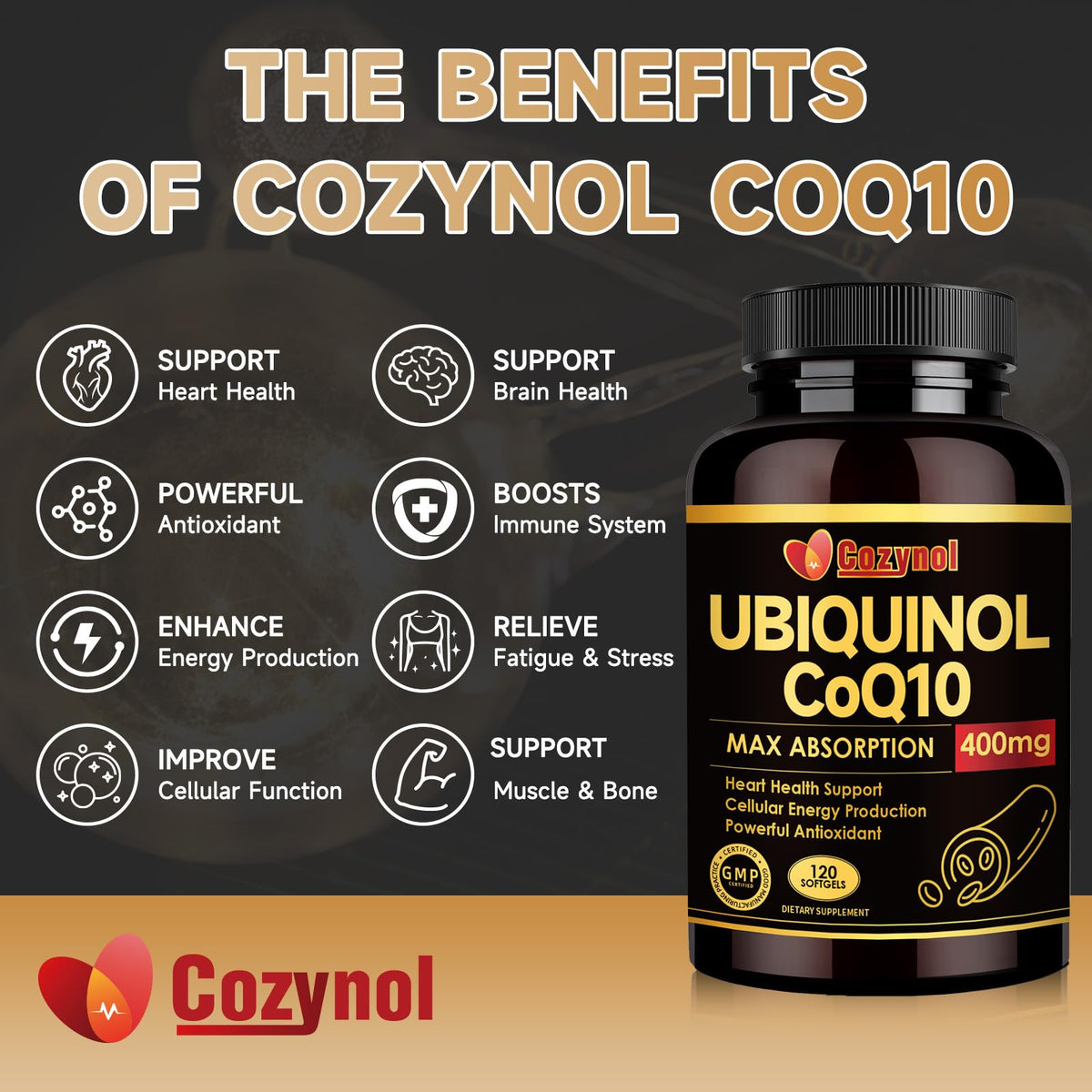 Emballage de Cozynol Ubiquinol CoQ10 400mg Softgels avec étiquettes visibles
