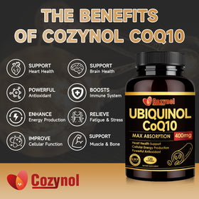Emballage de Cozynol Ubiquinol CoQ10 400mg Softgels avec étiquettes visibles