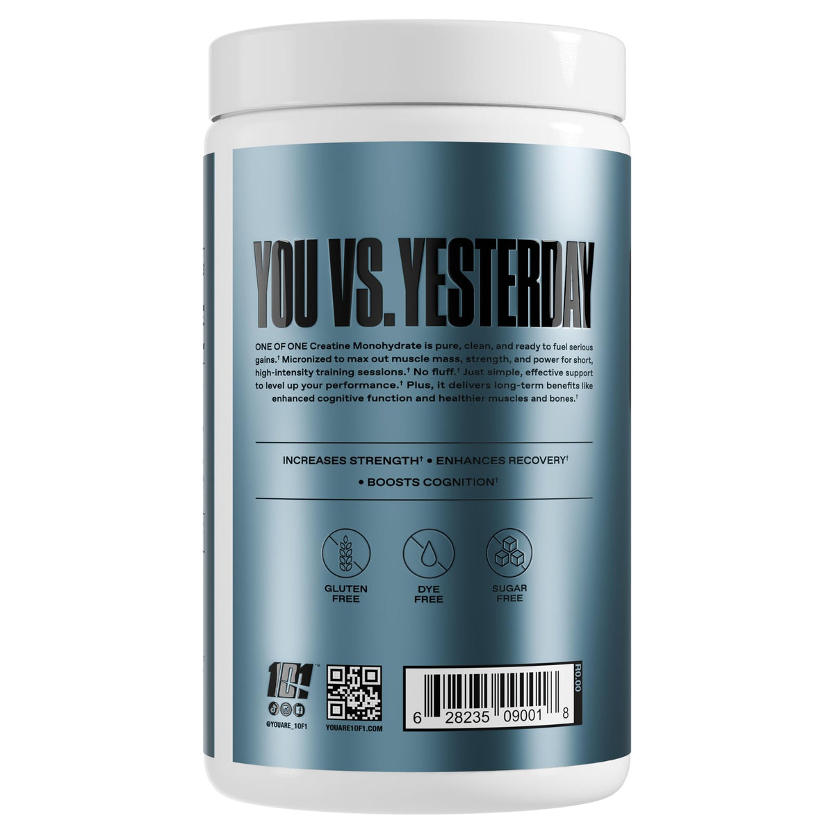 Emballage de créatine monohydrate ONE OF ONE avec informations nutritionnelles