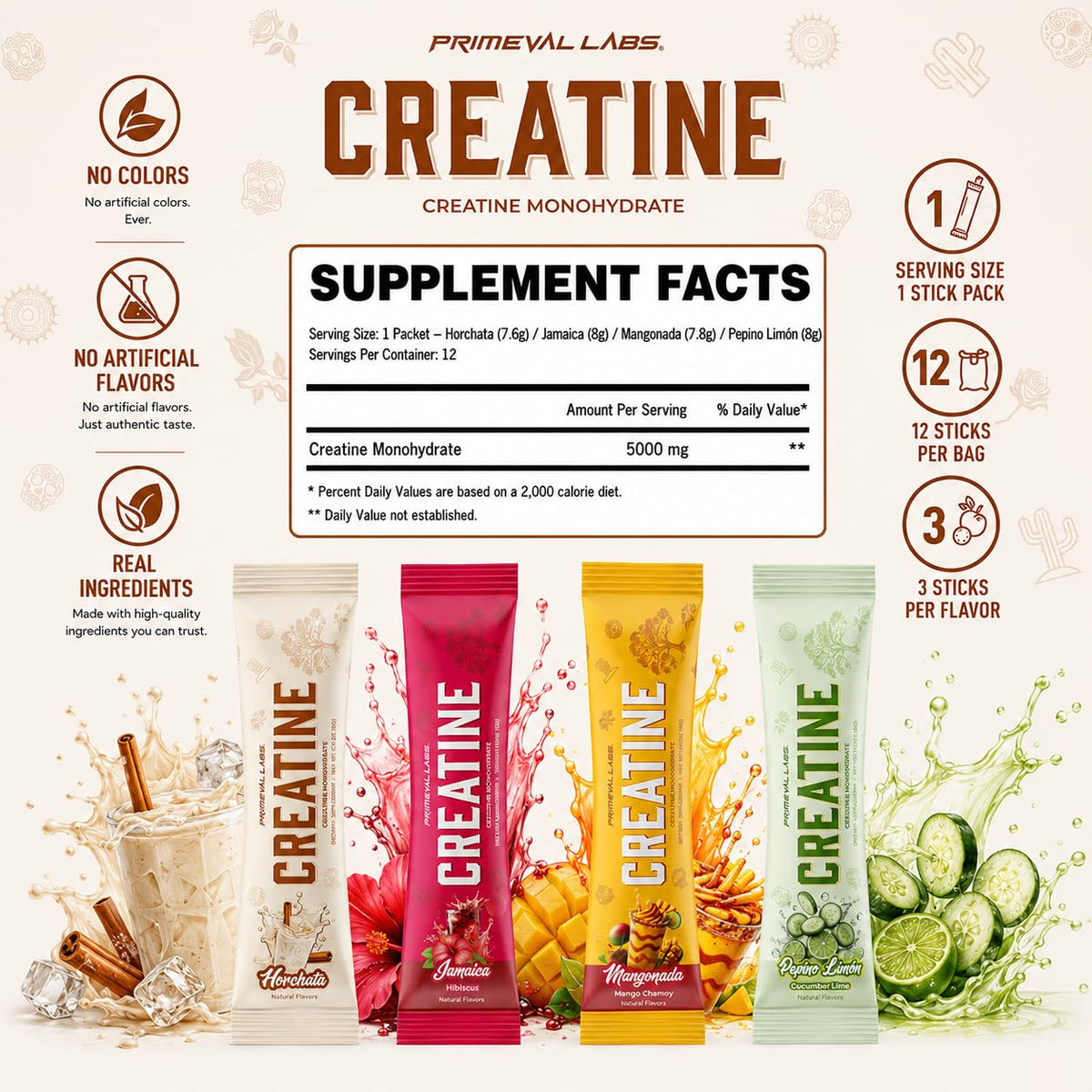 Emballage de créatine monohydrate Primeval Labs avec saveurs latino