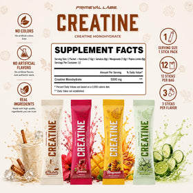 Emballage de créatine monohydrate Primeval Labs avec saveurs latino