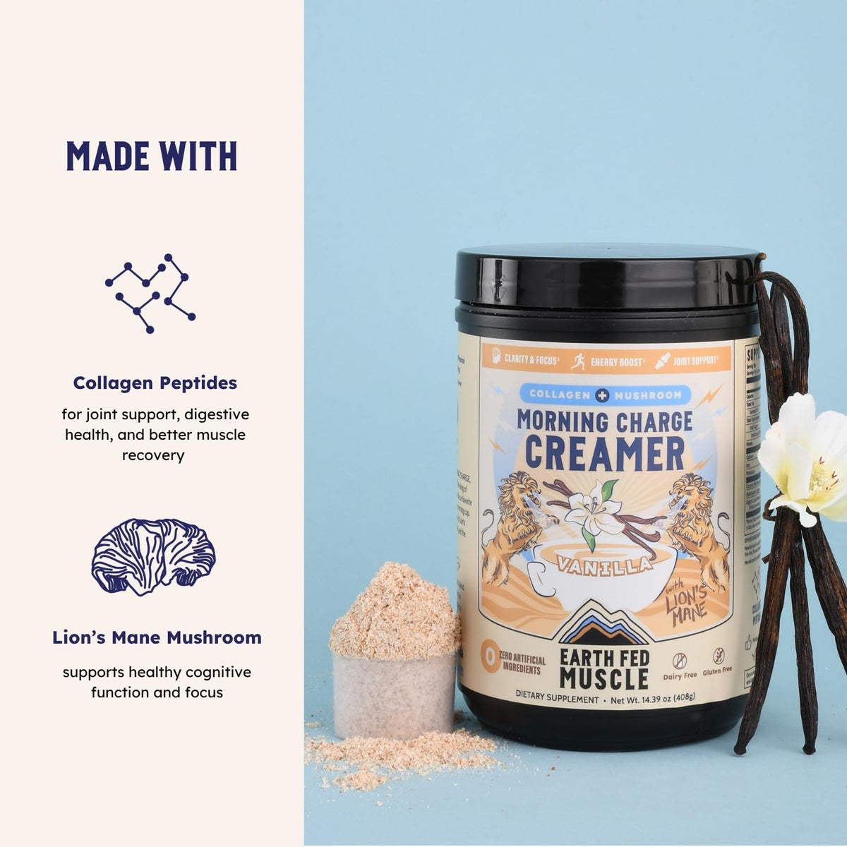 Emballage de crème à café Earth Fed Muscle avec informations nutritionnelles