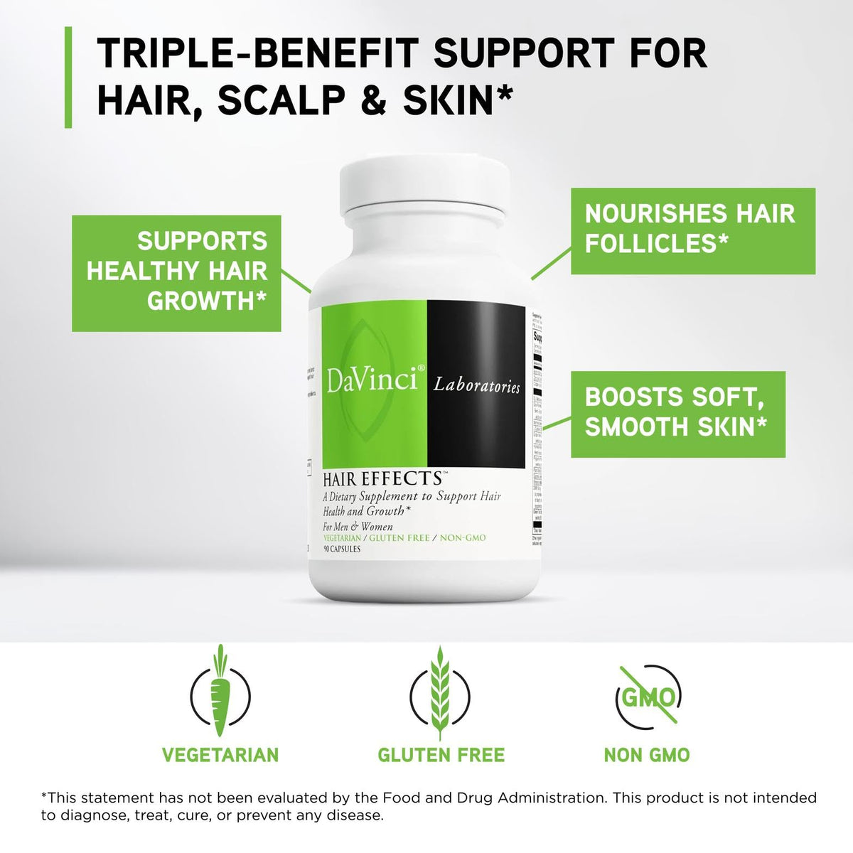 Emballage de DAVINCI Hair Effects vu sur un fond neutre