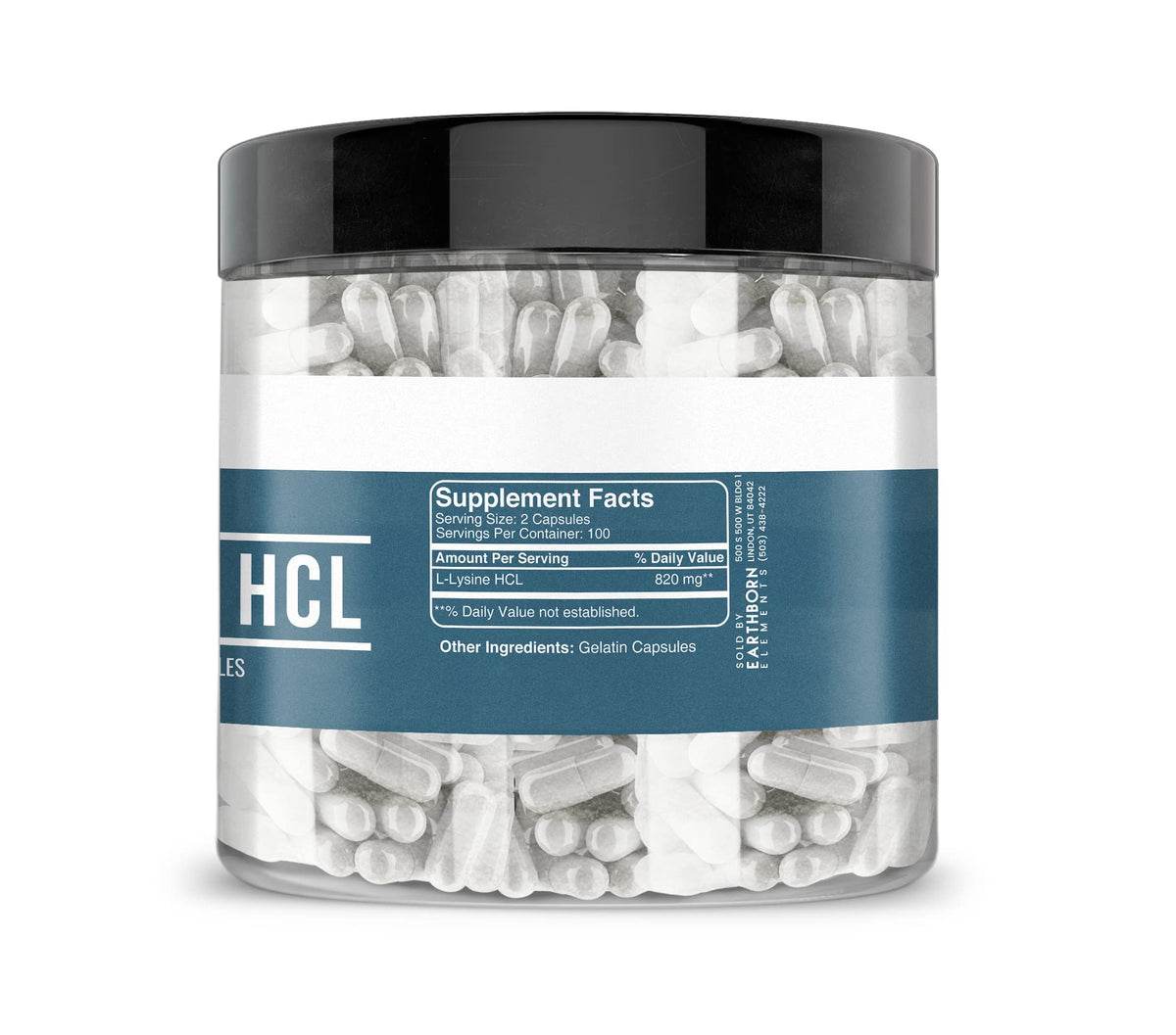 Emballage de Earthborn Elements L-Lysine HCL 200 capsules