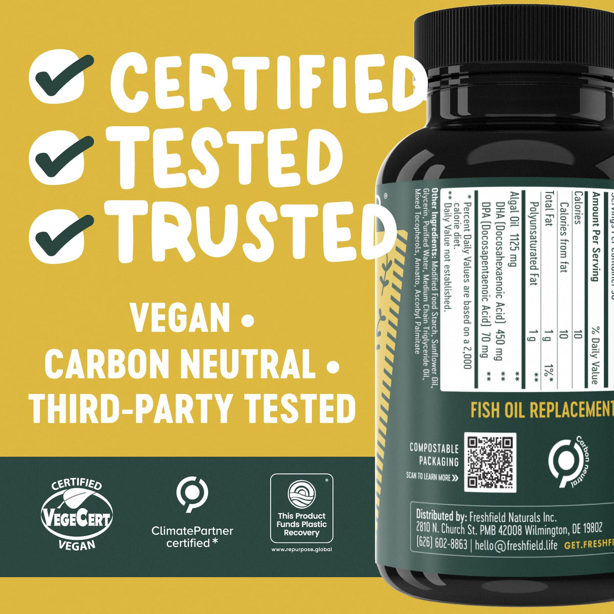 Emballage de Freshfield Huile d'Algues Vegan Omega 3 en milieu naturel