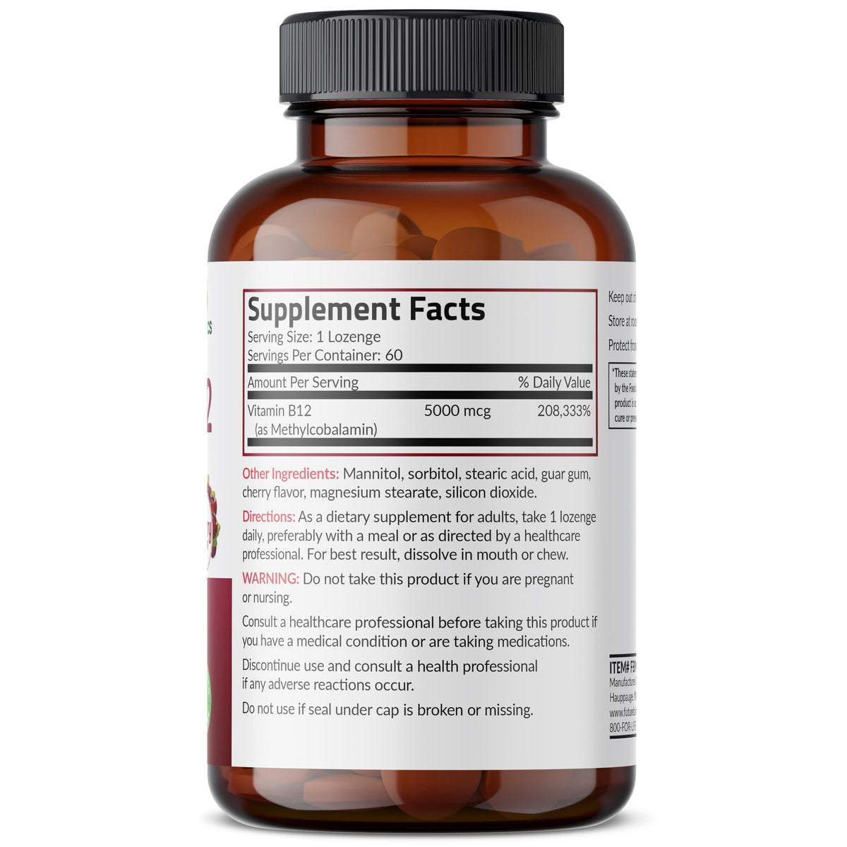 Emballage de Futurebiotics Methyl B12 5000 MCG avec informations nutritionnelles