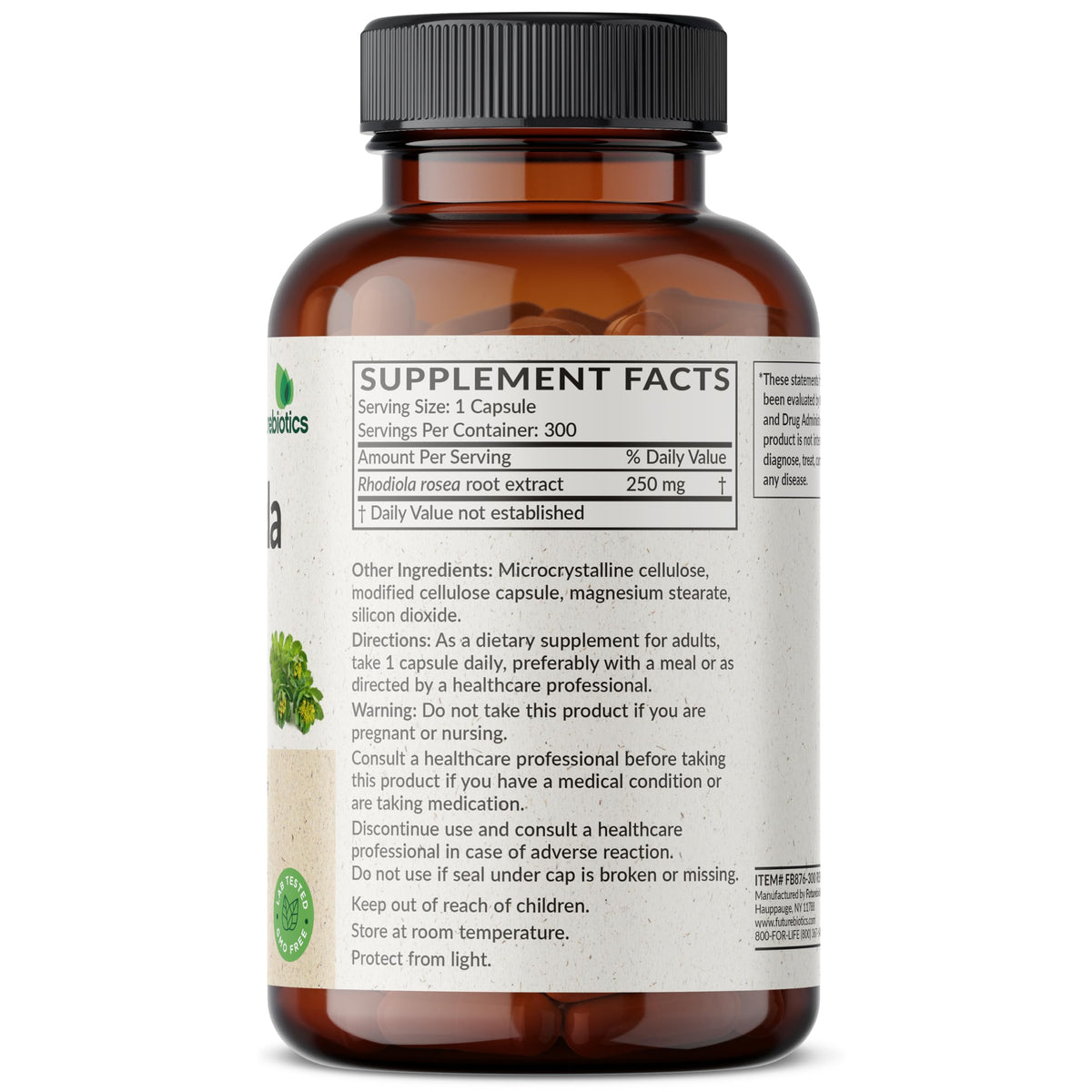 Emballage de Futurebiotics Rhodiola Rosea avec informations sur la composition