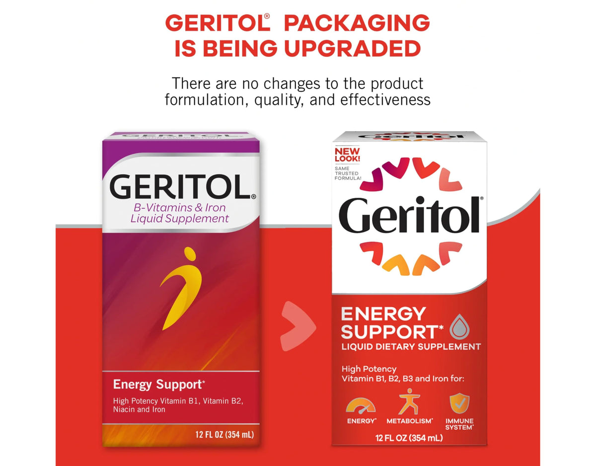 Emballage de Geritol Liquid Energy B-Vitamines avec dimensions