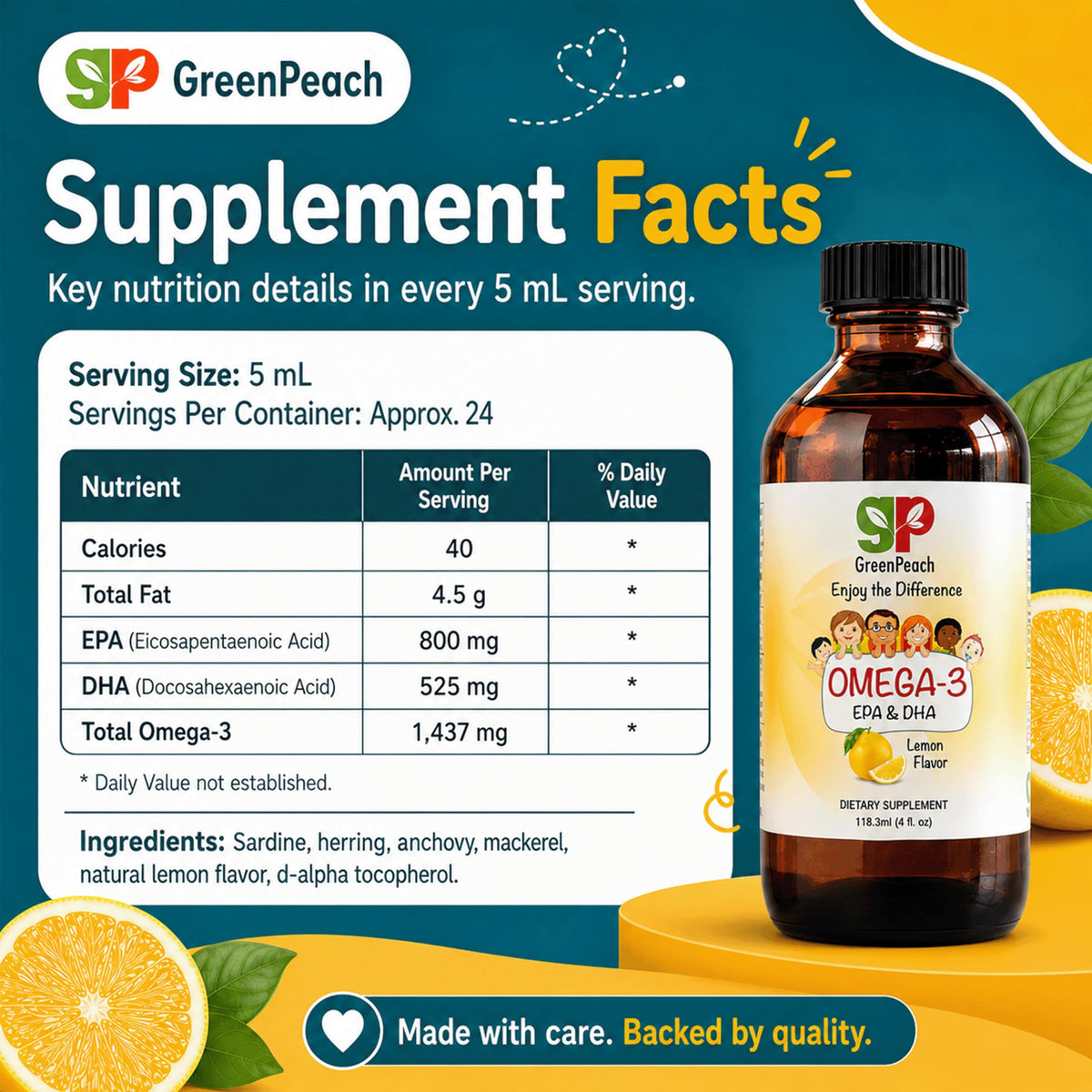 Emballage de GreenPeach Omega 3 pour Enfants avec logo