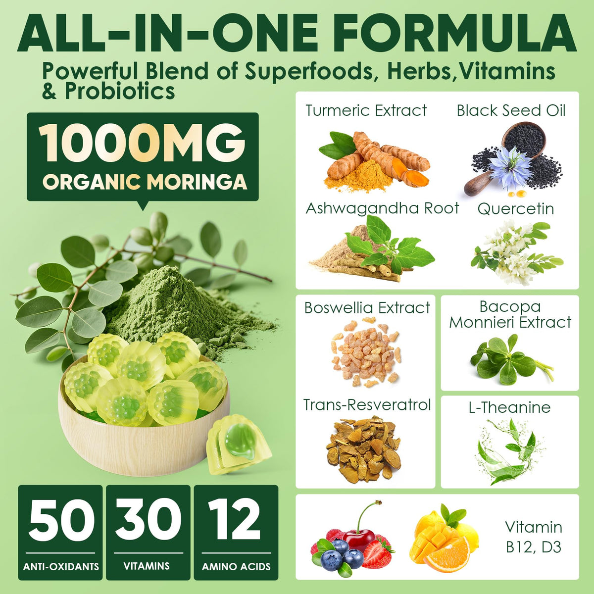 Emballage de Gummies Moringa ELLAMENTZ 1000mg, détails nutritionnels