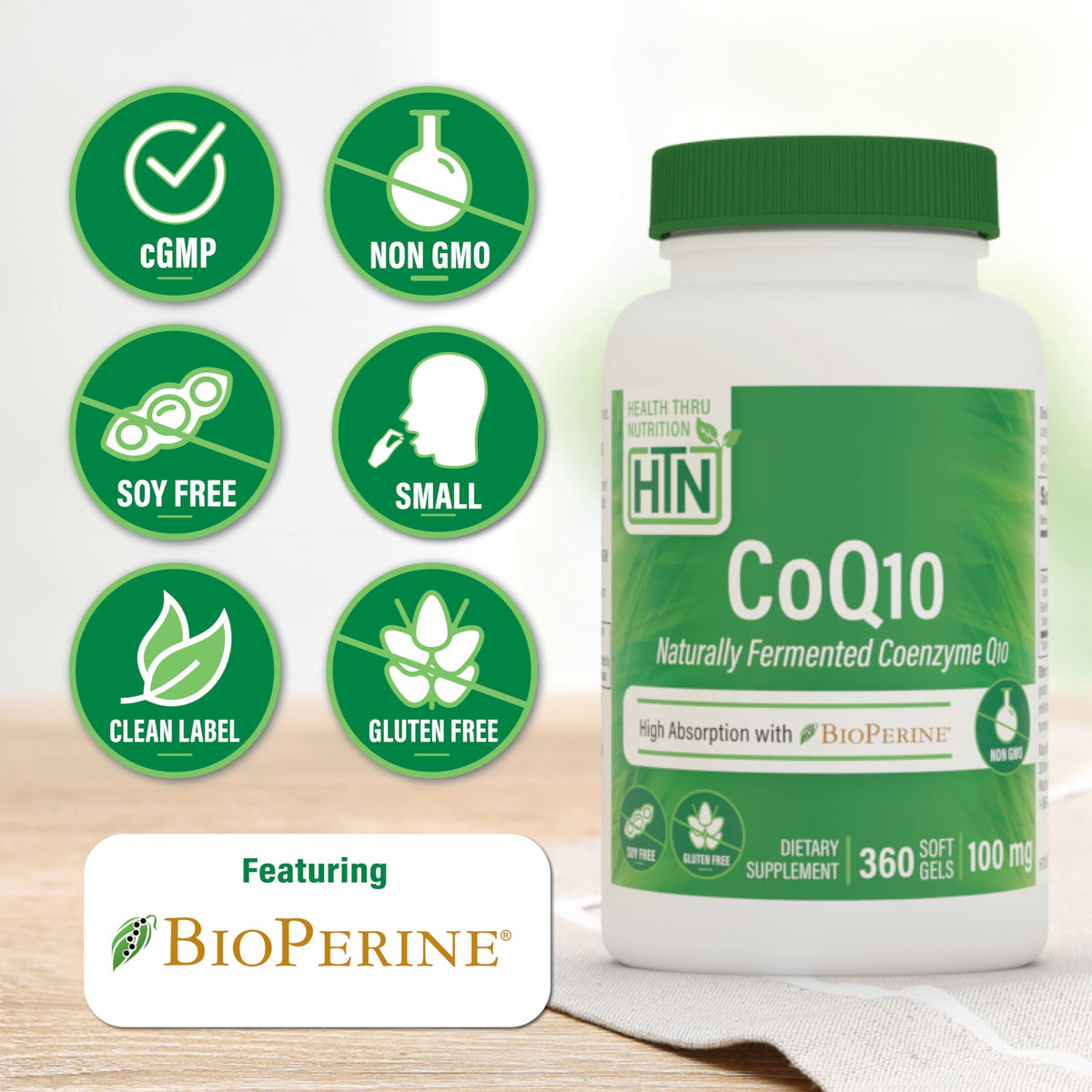 Emballage de Health Thru Nutrition CoQ-10 100mg 360 gélules