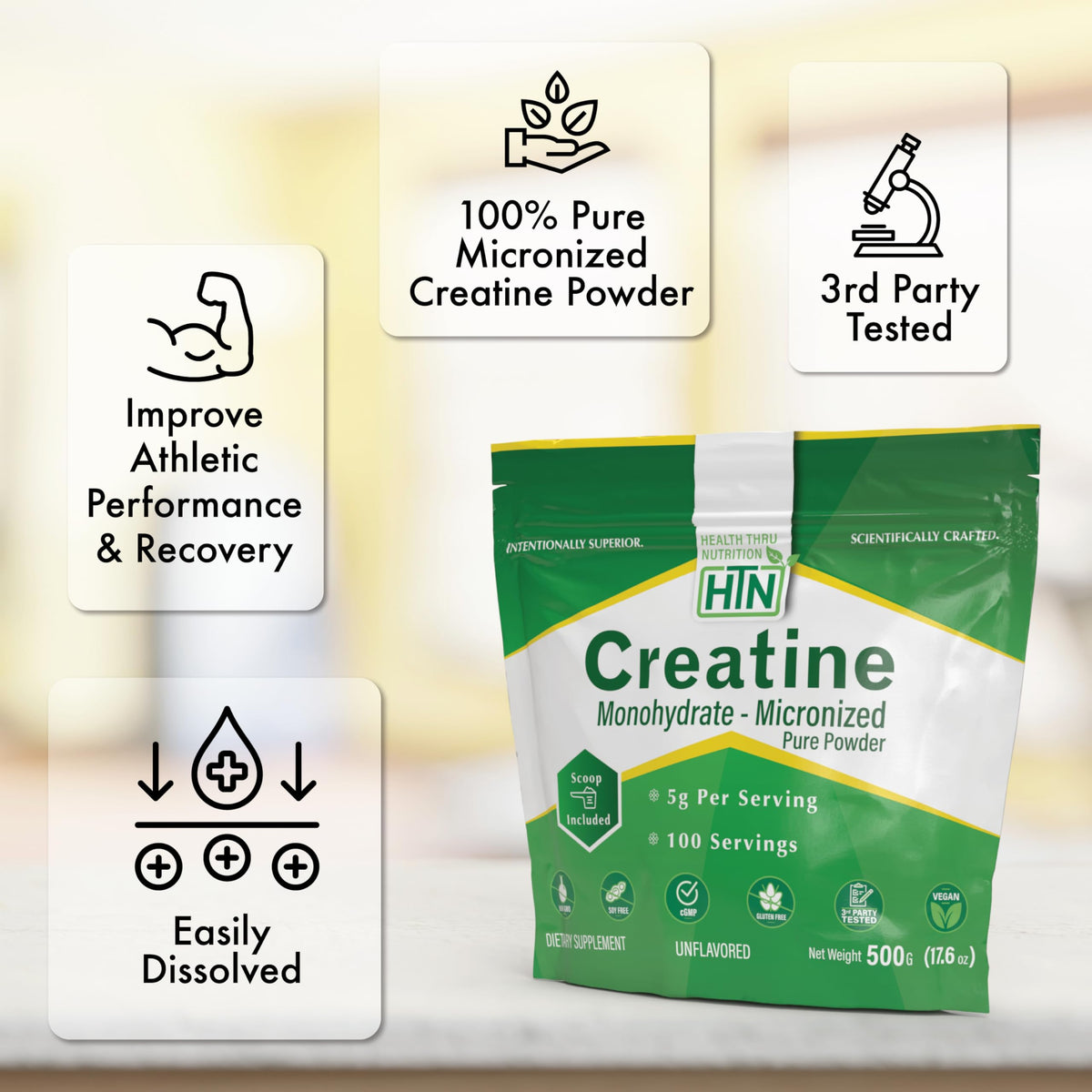 Emballage de Health Thru Nutrition créatine monohydrate