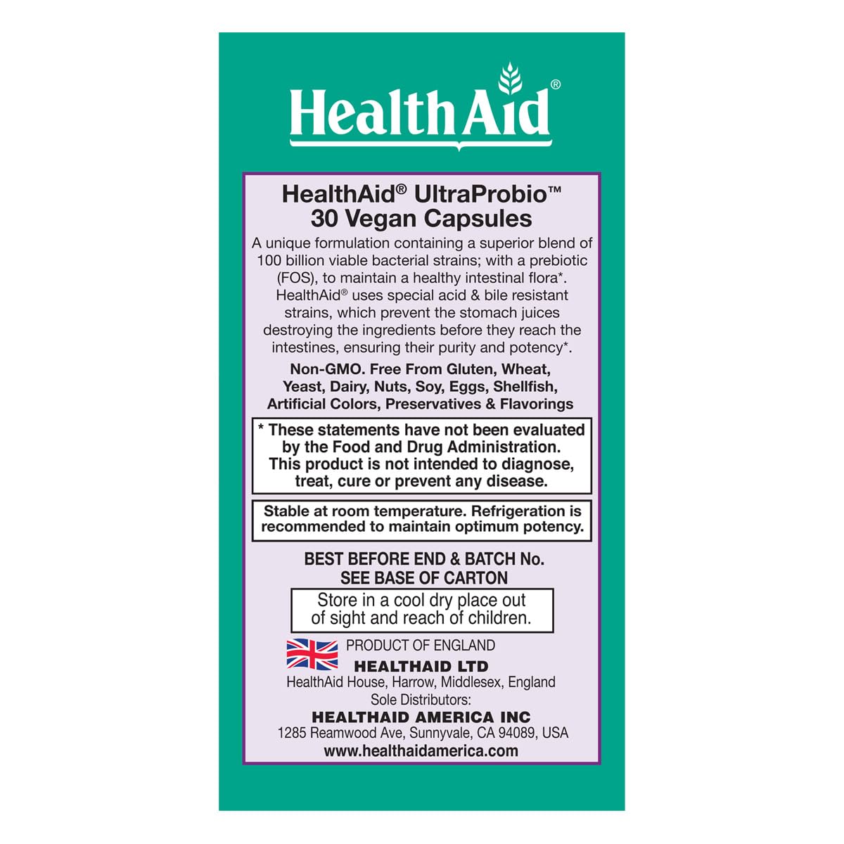 Emballage de HealthAid UltraProbio 100 Milliards 30 Capsules