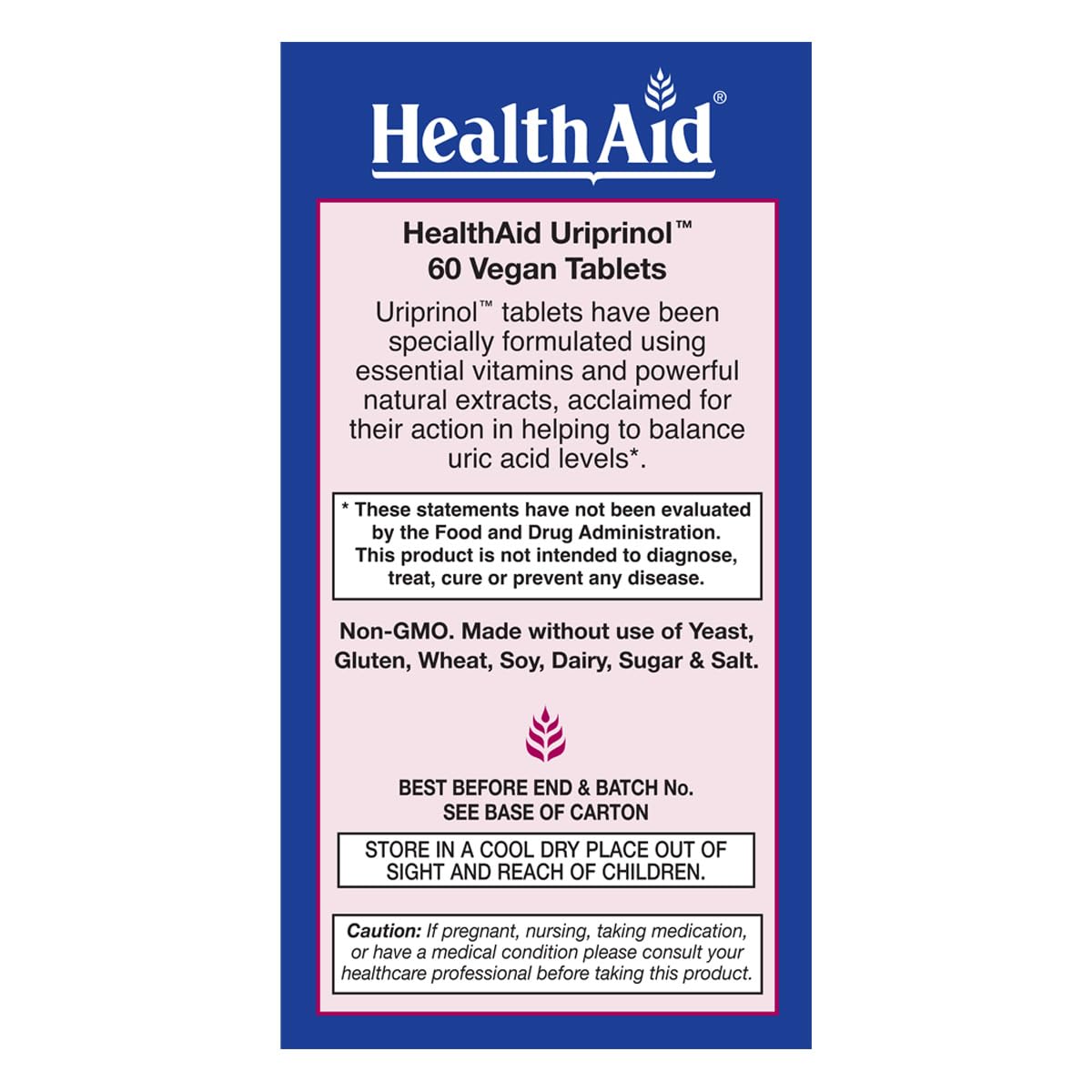 Emballage de HealthAid Uriprinol 60 tablettes vue de côté