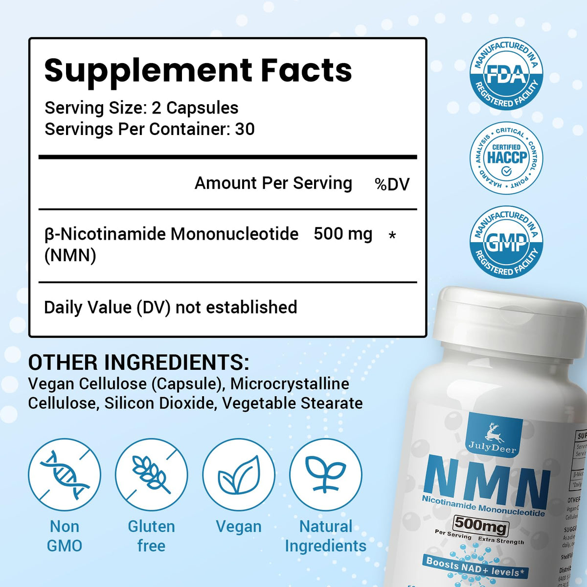 Emballage de JulyDeer NMN 500mg avec capsules visibles