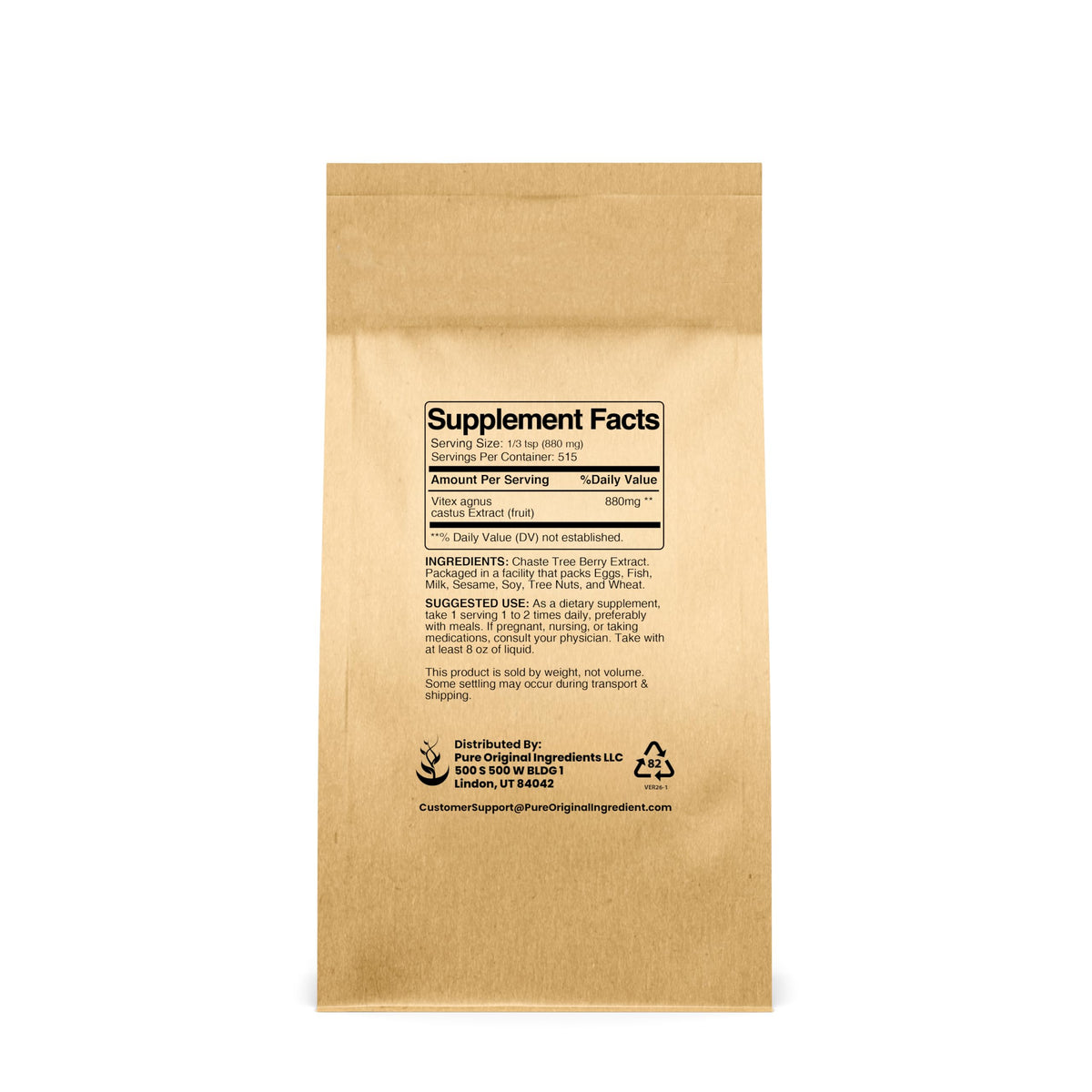 Emballage de l'extrait de Gattilier PURE ORIGINAL INGREDIENTS 476g
