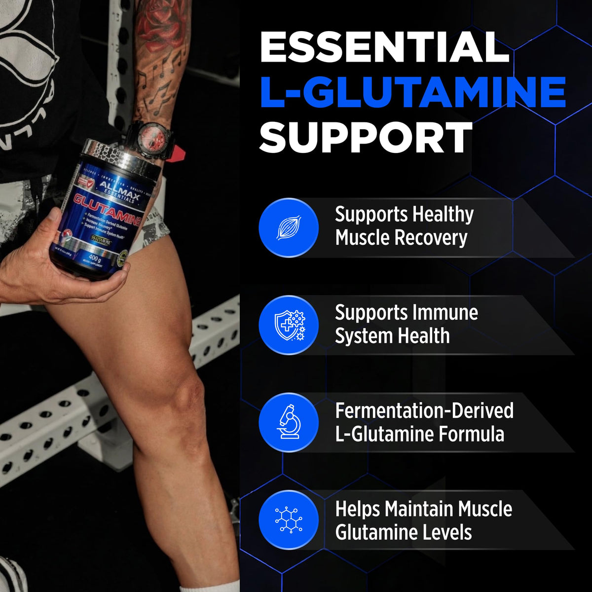 Emballage de L-Glutamine ALLMAX 400 g sur fond blanc